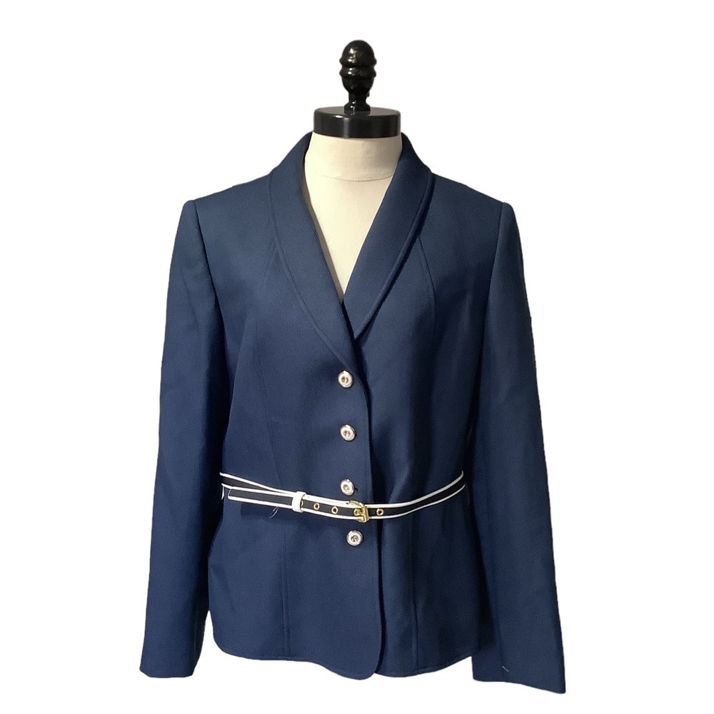 TAHARI Navy White Herringbone Belted Suit Jacket Blazer 10P